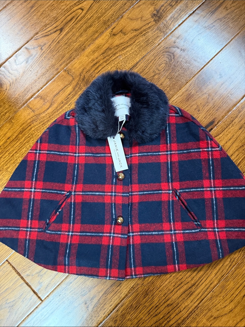 Janie and Jack Red & Navy Plaid Cape with Faux Fur Collar